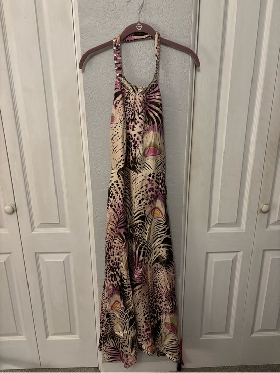WD.NY Dresses & Skirts - NWT Vintage Y2K 100% Silk Beaded Halter neck Maxi Dress Animal Print Size 8